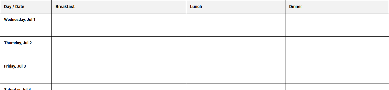 Daily Breakfast Lunch and Dinner Grid for Streamlined Family Meal Planning Image
