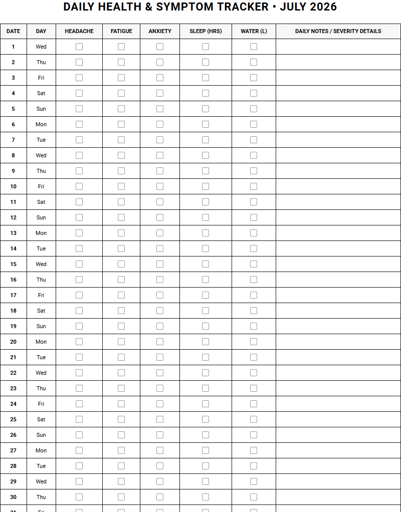 Daily Agenda Calendar Templates for Tracking Personal Health and Symptoms Image
