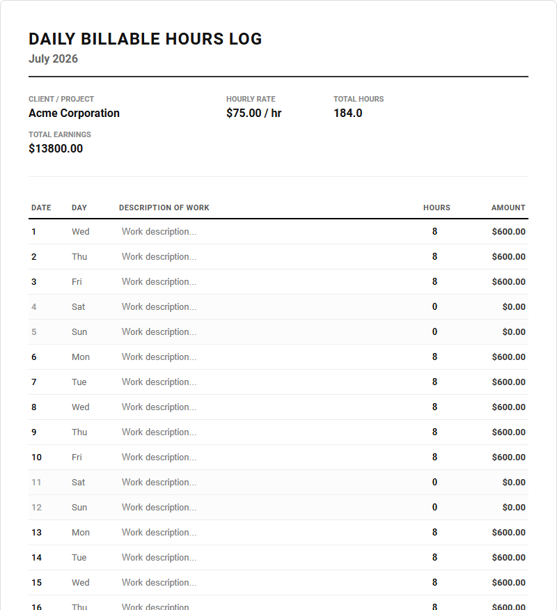 Freelancer Daily Billable Hours Log for Client Projects: Daily Agenda Calendar Template Image