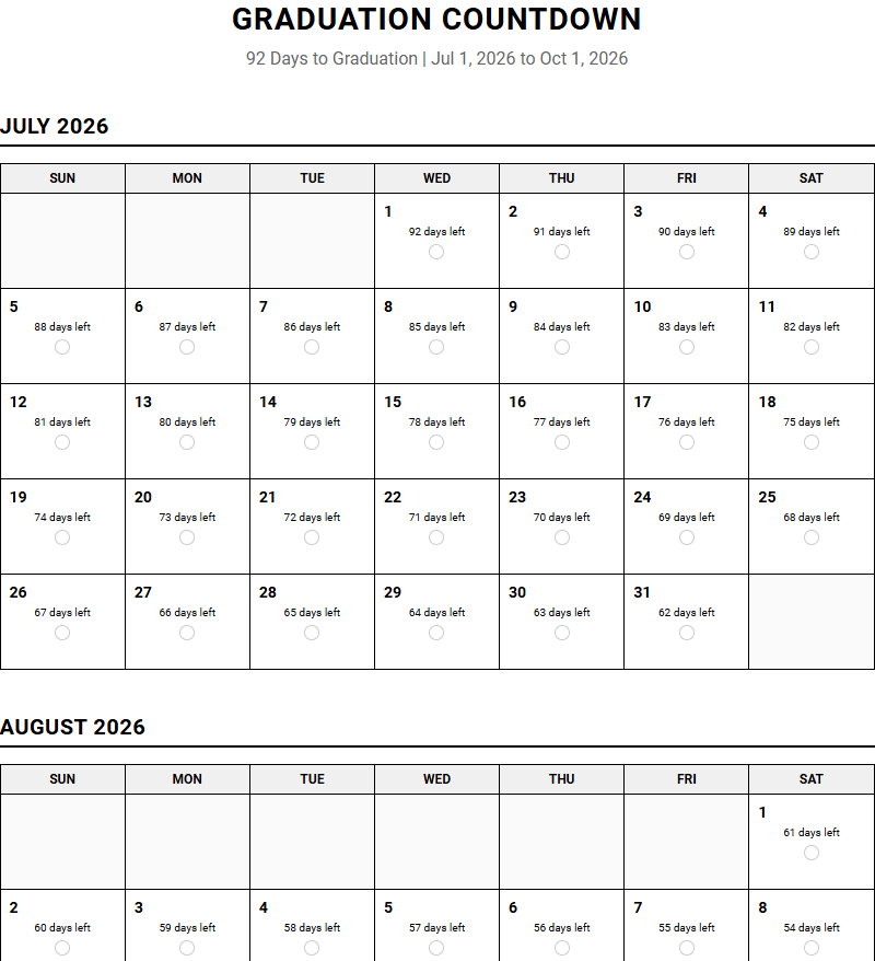 Graduation Countdown Calendar for Academic Milestone Tracking Image