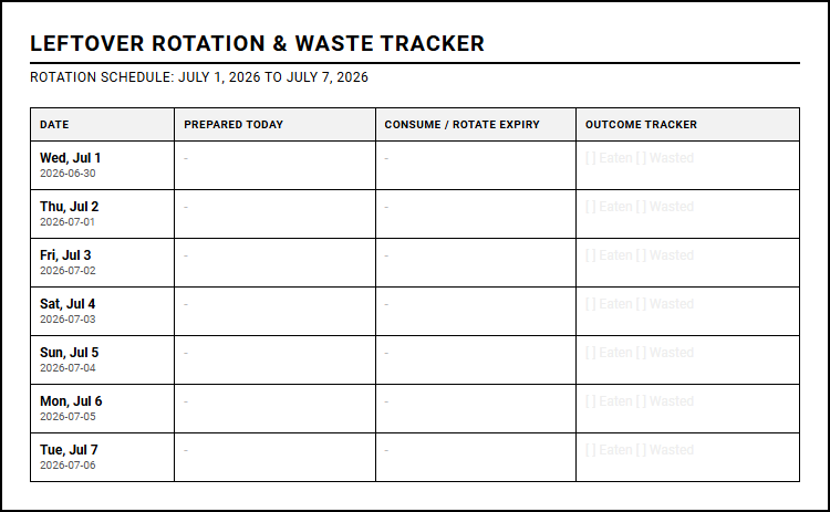 Leftover Rotation and Food Waste Tracker for Family Meal Planning Calendars Image