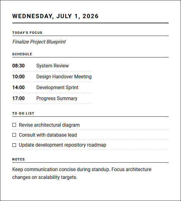 Minimalist Daily Agenda for Streamlined Task Management and Productivity Image