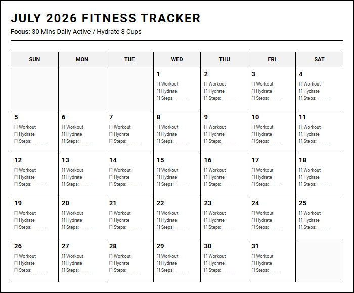 Monthly Fitness Tracker Calendar for Daily Workout Planning and Progress Monitoring Image