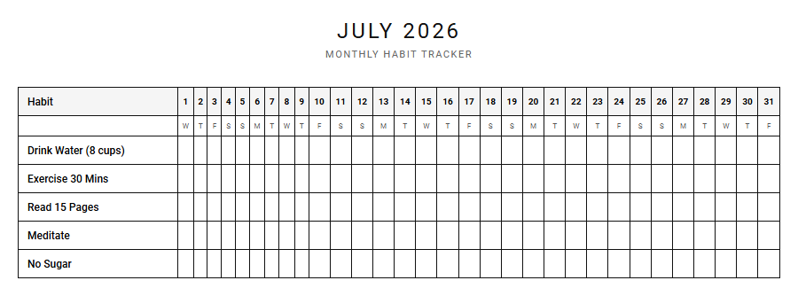 Monthly Habit Tracker Calendar for Optimizing Daily Routines and Goal Achievement Image