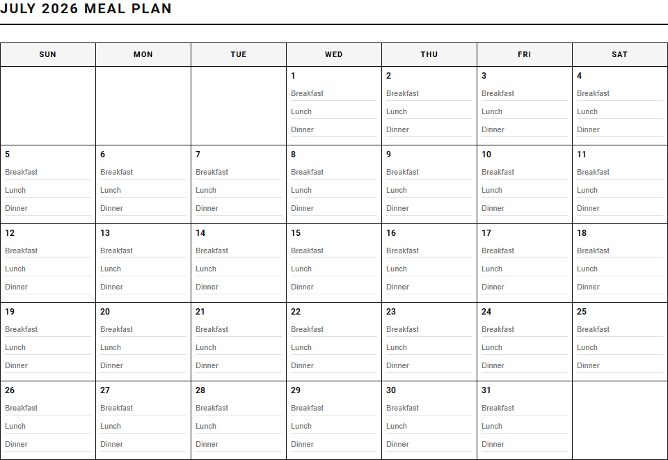 Monthly Meal Planner Calendar for Organized Family Meal Prep Image