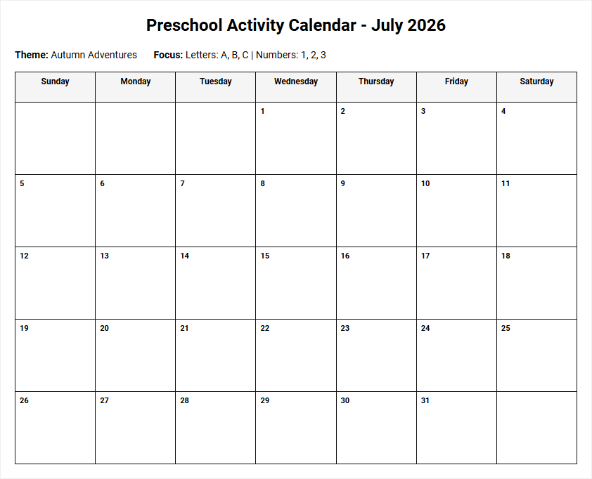 Preschool Activity Calendar for Organizing Daily Lesson Plans and Student Development Image