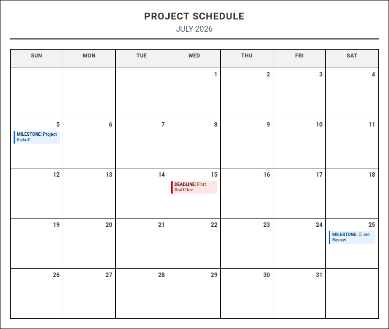 Project Milestone and Deadline Calendar Tracker for Business Operations and Team Workflows Image
