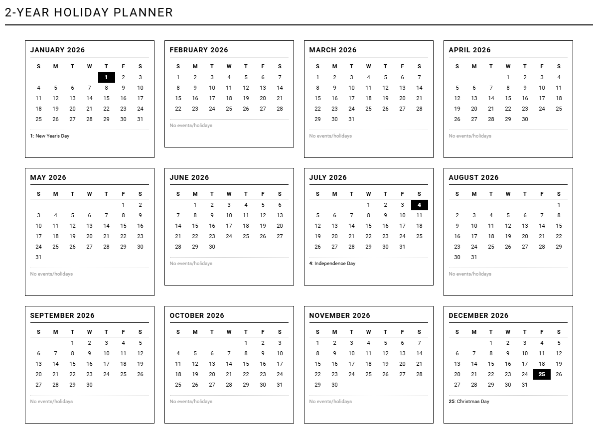 Two-Year Holiday Planner for Streamlined Event and Schedule Coordination Image
