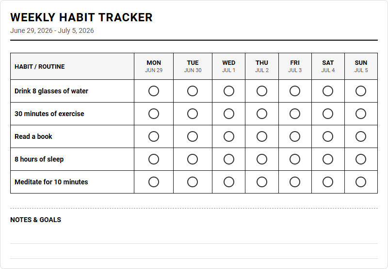 Weekly Habit Tracker Calendar for Structured Goal Achievement Image