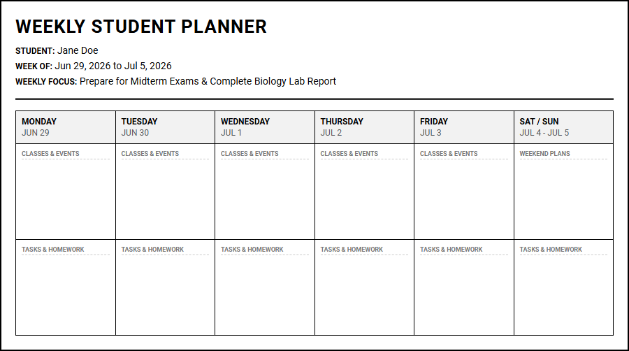 Weekly Student Planner for Academic Organization and Assignment Tracking Image