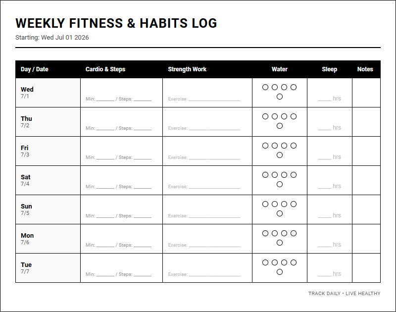 Daily Fitness Log for Workout Consistency and Habit Tracking Image