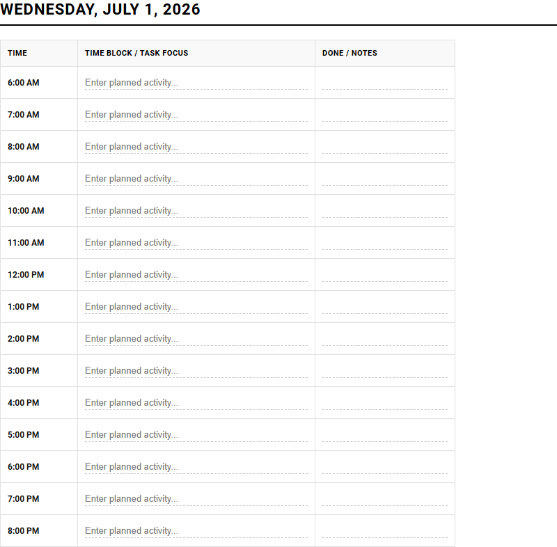 Daily Time Blocking Calendar for Systematic Goal Execution and Peak Productivity Image