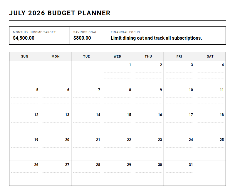 Monthly Budget Planner Calendar for Structured Expense Tracking Image