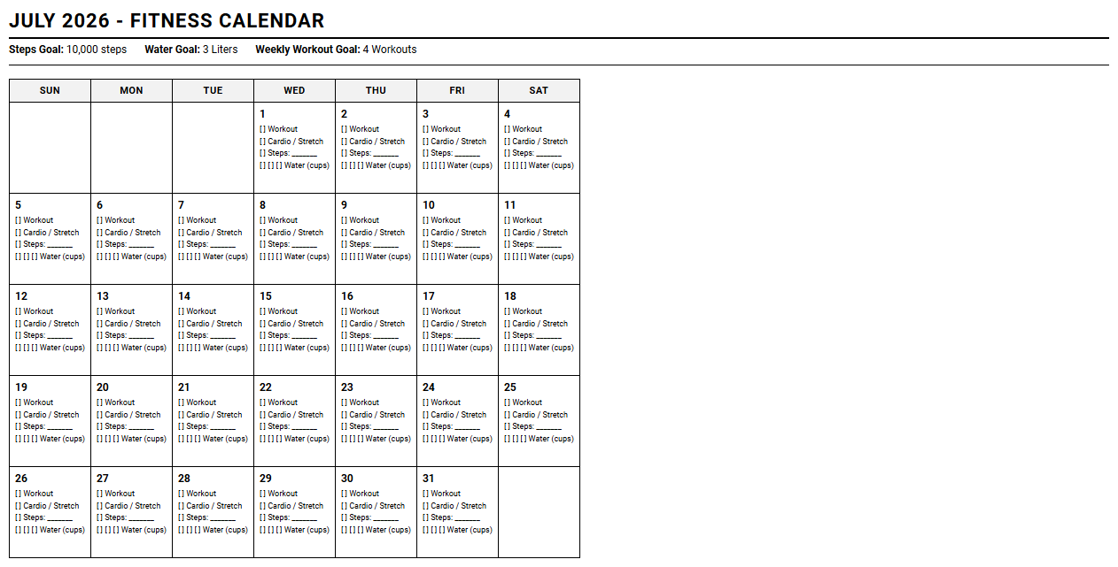 Monthly Fitness Calendar for Daily Habit and Workout Tracking Image