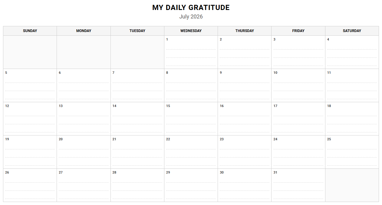 Monthly Gratitude Journal Calendar for Daily Reflection and Goal Tracking Image