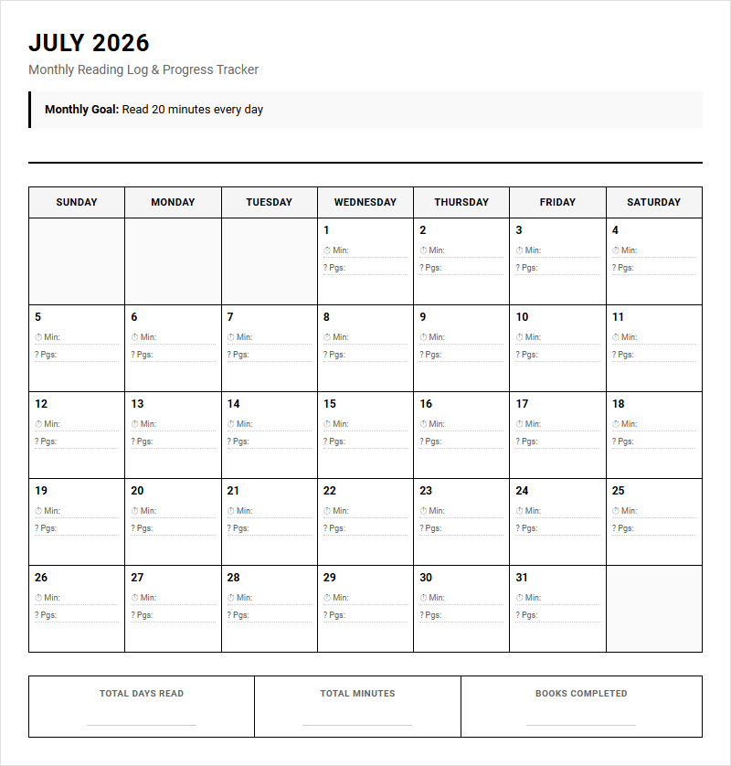 Monthly Reading Log Calendar for Student Progress Tracking Image