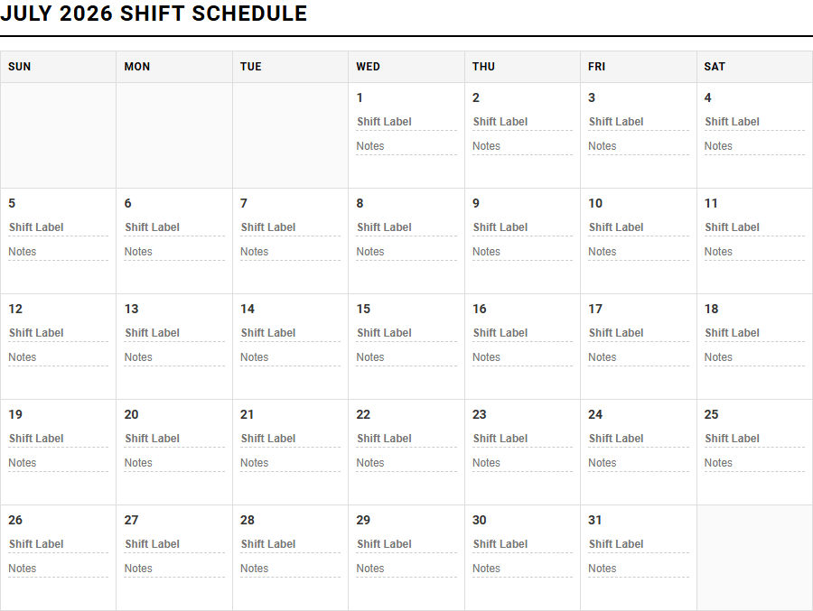 Monthly Shift Work Scheduler Calendar for Managing Complex Staff Rotations Image