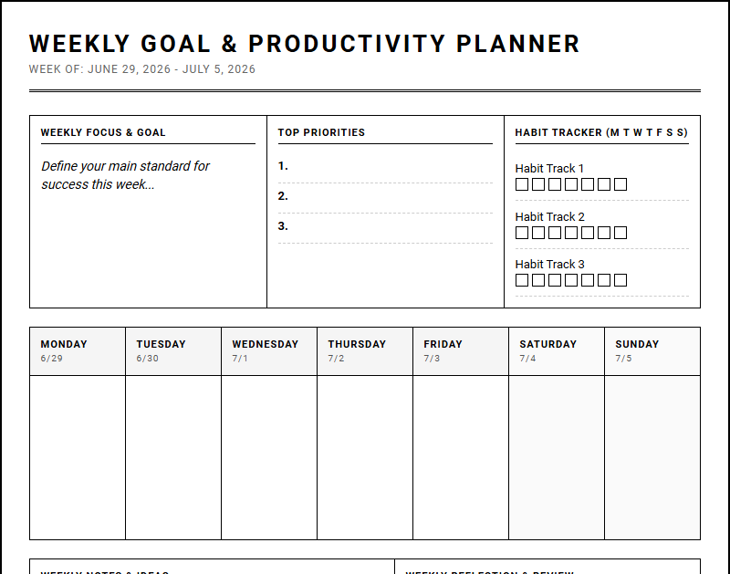 Productivity and Goal Weekly Planner for Systematic Task Execution Image