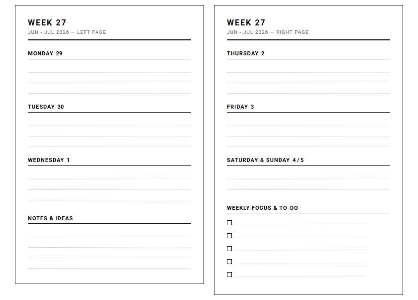 Two Page Spread Weekly Planner for Streamlined Task Management and Efficient Scheduling Image