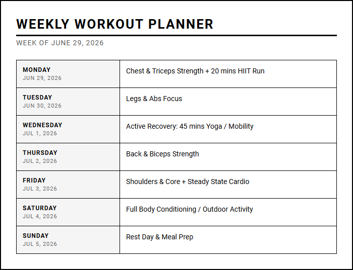 Weekly Workout Planner for Systematic Fitness Tracking and Habit Building Image