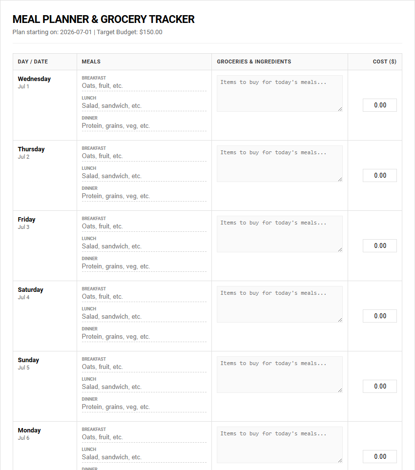 Budget Meal Planner and Grocery Tracker for Efficient Family Meal Prep Image