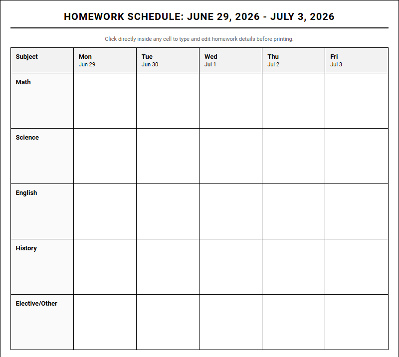 Daily Homework Schedule for Academic Time Management and Student Productivity Image