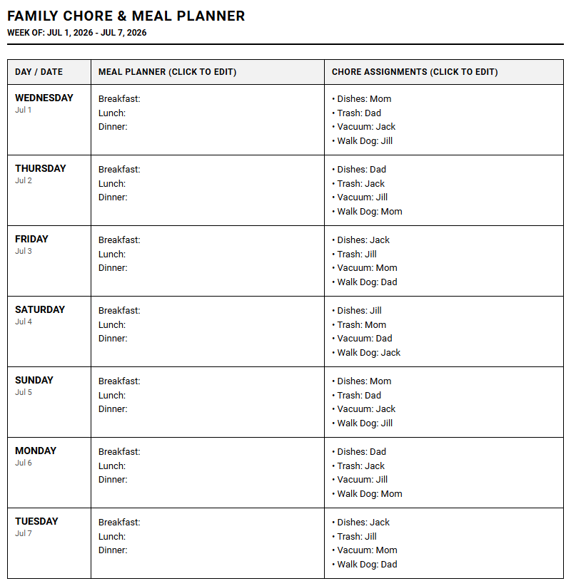 Family Chore Chart and Meal Planner for Efficient Household Management Image