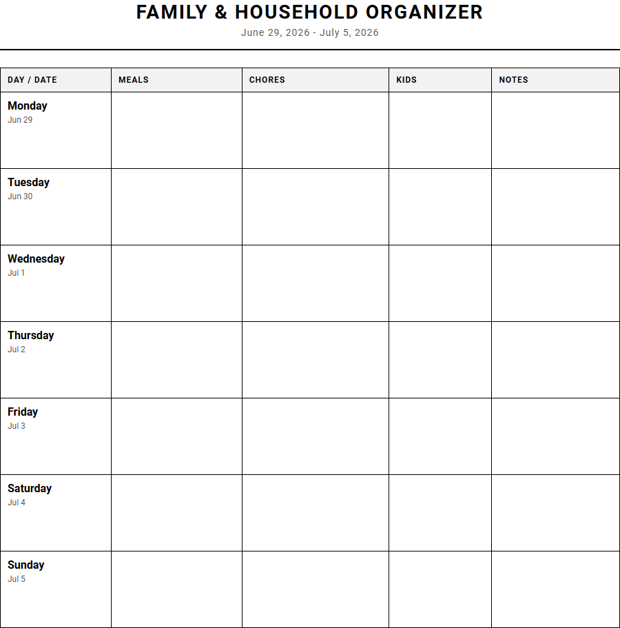 Family and Household Weekly Organizer for Coordinating Schedules and Tasks Image