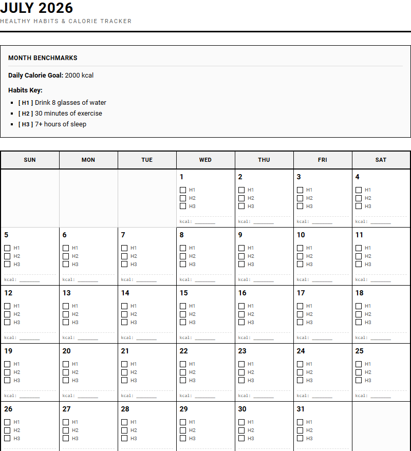 Healthy Habits and Calorie Tracking Calendar for Family Meal Management Image