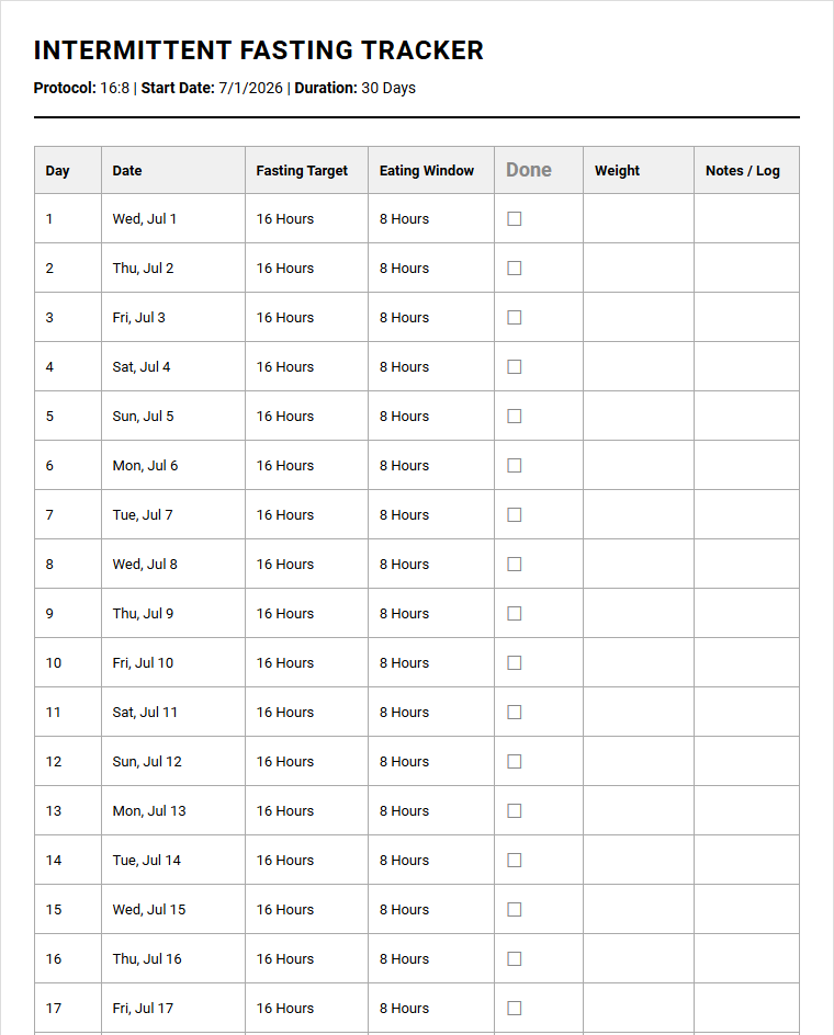 Intermittent Fasting Calendar for Tracking Daily Habits and Fitness Milestones Image