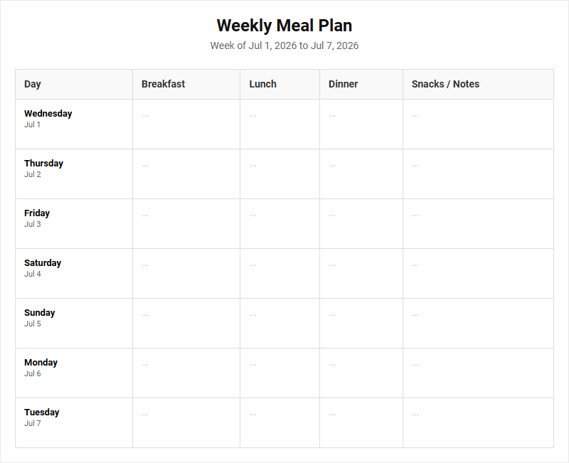 Meal Planning Calendar for Streamlined Weekly Prep and Custom Diet Tracking Image