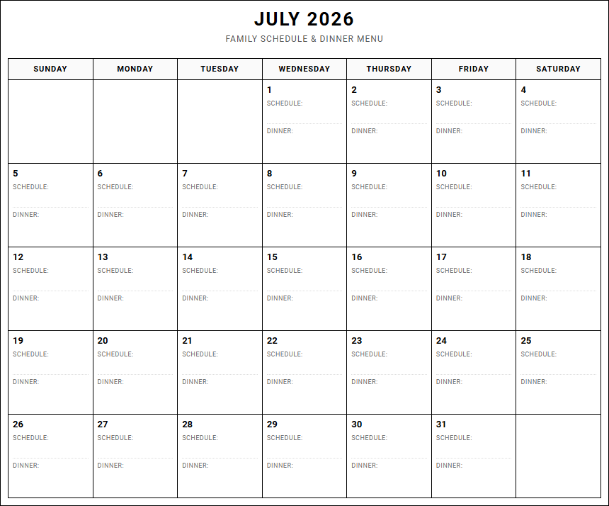 Monthly Family Calendar and Dinner Menu for Streamlined Household Organization Image