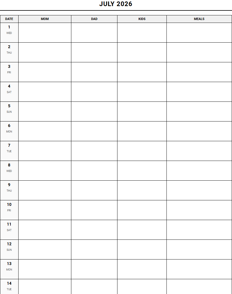 Monthly Family Organizer Calendar for Coordinating Daily Schedules and Household Tasks Image