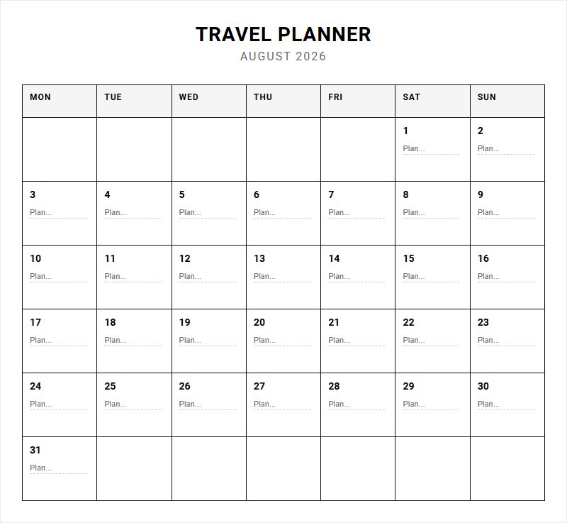 Monthly Travel Planner Calendar for Efficient Itinerary Scheduling Image