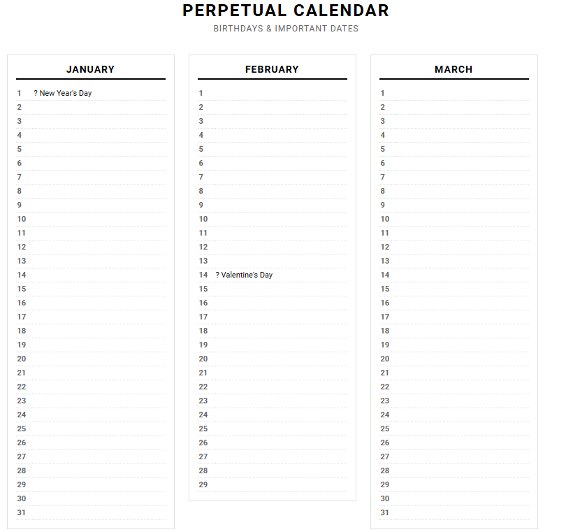 Perpetual Holiday and Birthday Calendar for Streamlined Year-Round Event Tracking Image