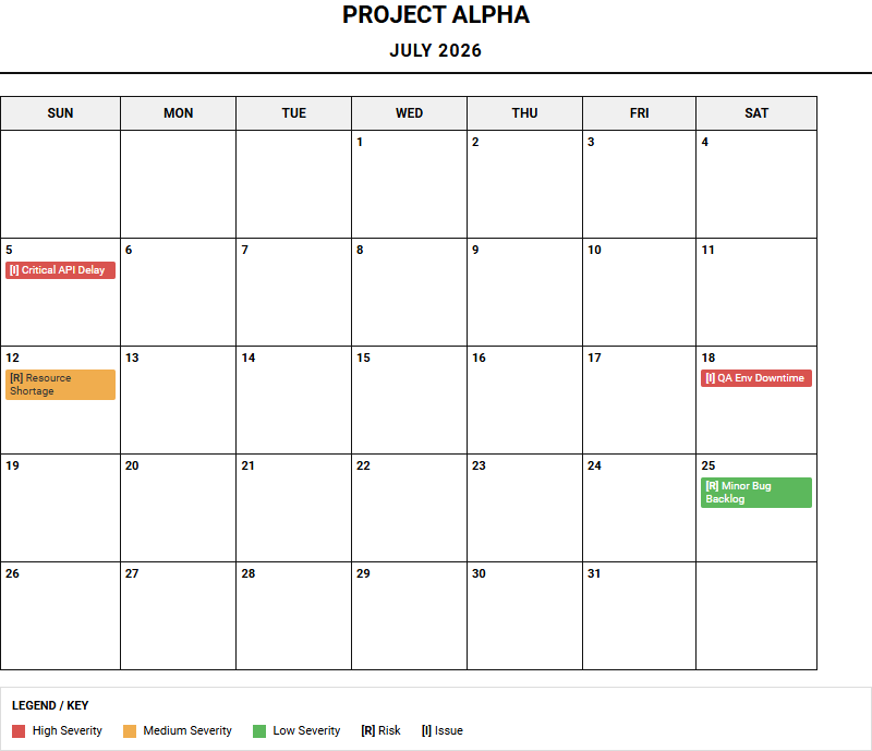 Project Risk and Issue Tracker Calendar for Proactive Risk Mitigation and Milestone Alignment Image