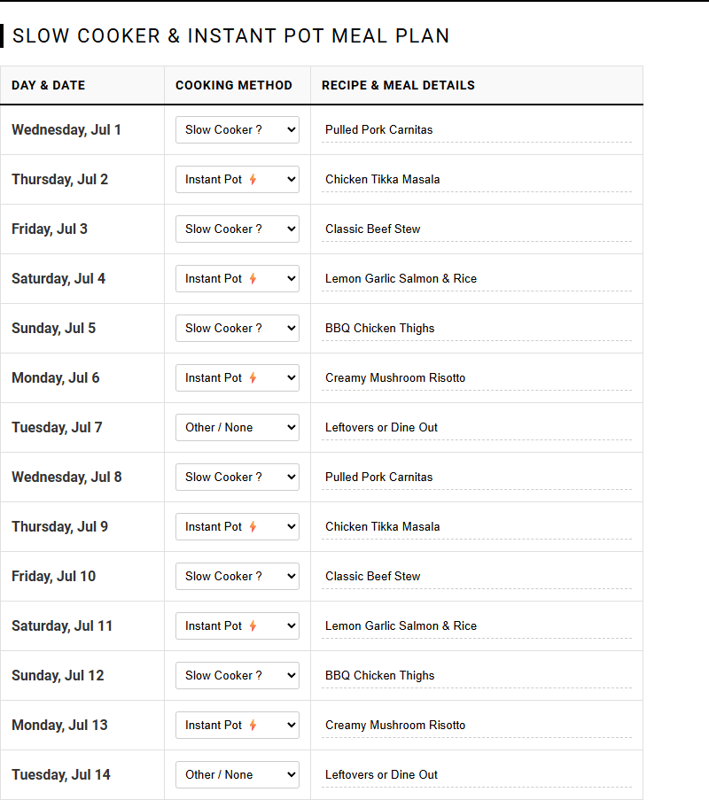 Slow Cooker and Instant Pot Meal Calendar for Efficient Weeknight Dinner Planning Image