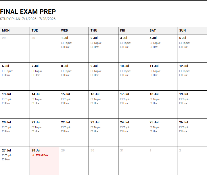 Study and Exam Prep Calendar for Academic Goal Setting and Daily Productivity Tracking Image