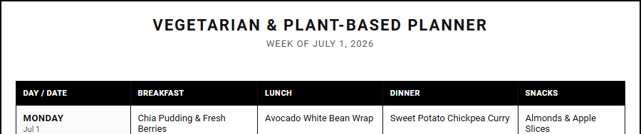 Vegetarian and Plant-Based Weekly Planner for Efficient Family Meal Scheduling Image